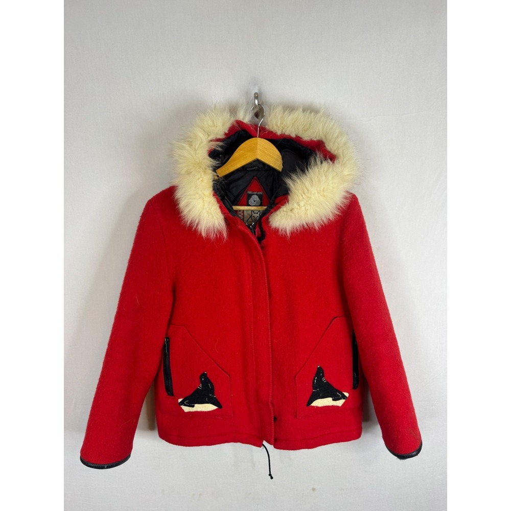 James Bay Red Virgin Wool Parka Hooded Jacket Faux Fur Trim Canada Womens Medium